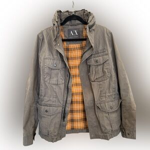 Armani Exchange Men's Gray Jacket with Orange Plaid Lining